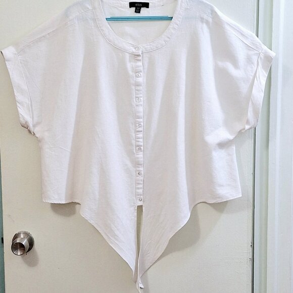 Ellos White Linen-Blend Tie-Front Short Sleeve /Top Blouse, Size 1X (22/24) - Picture 1 of 16